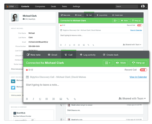 Place phone calls to potential customers and record them within HubSpot’s CRM.