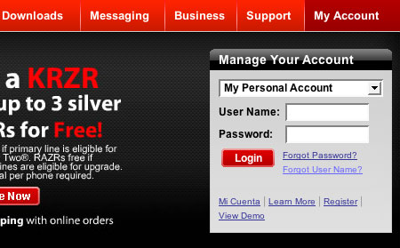 Verizon Wireless login on My Account screen Verizon Wireless login on My Account screen