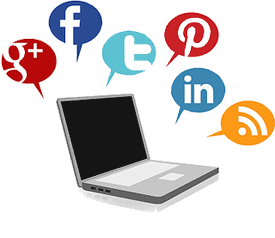 Laptop illustration with social media bubbles