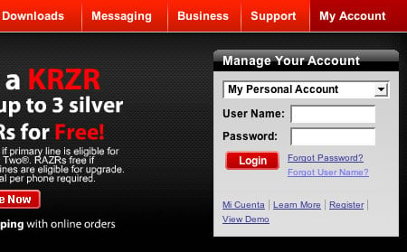 Verizon Wireless login on My Account screen