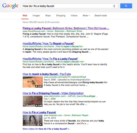 Google search results page for fixing a leaky faucet
