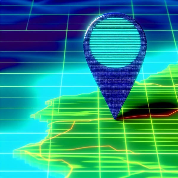 a digital map with a local pinpoint blue and green colors
