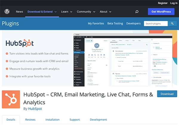 Screenshot of HubSpot plugin for Wordpress page
