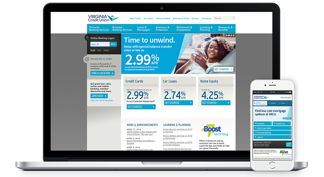 Virginia Credit Union website shown on a laptop screen