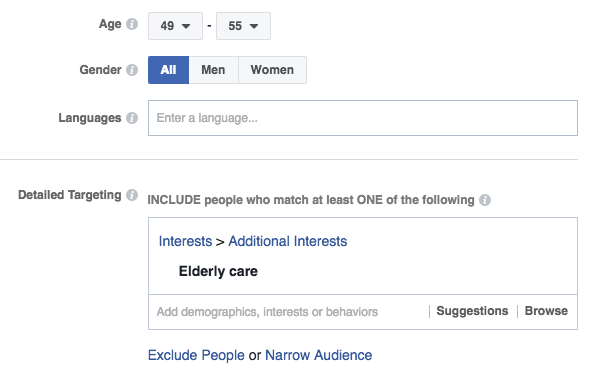 Screen showing Facebook senior care interest and demographic targeting options