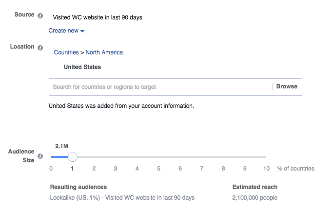 Screen showing Facebook options for creating lookalike audiences