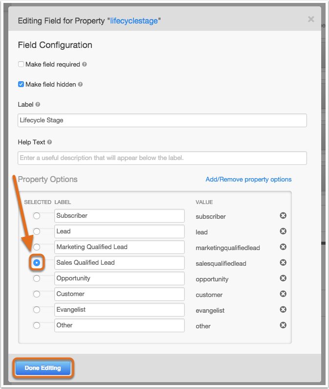 Screen shot showing HubSpot lifecycle stages