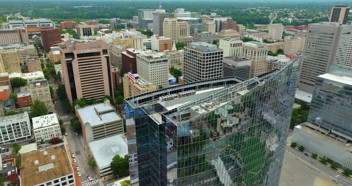 Drone photograph of the downtown Richmond, VA skyline taken during the day