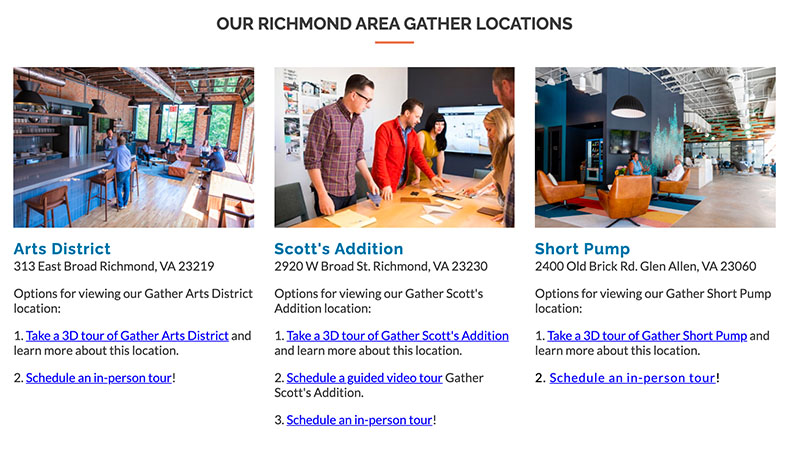 Screenshot of Gather Workspaces website listing Richmond area locations and tour options