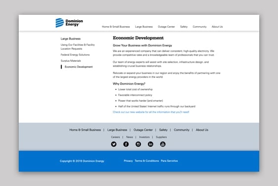 Screenshot of the Economic Development page on the Dominion Energy website