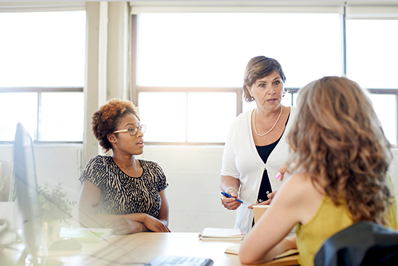 People seated at a conference table discussing sales