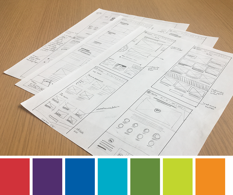 Credo website in wireframes with the color pallete.