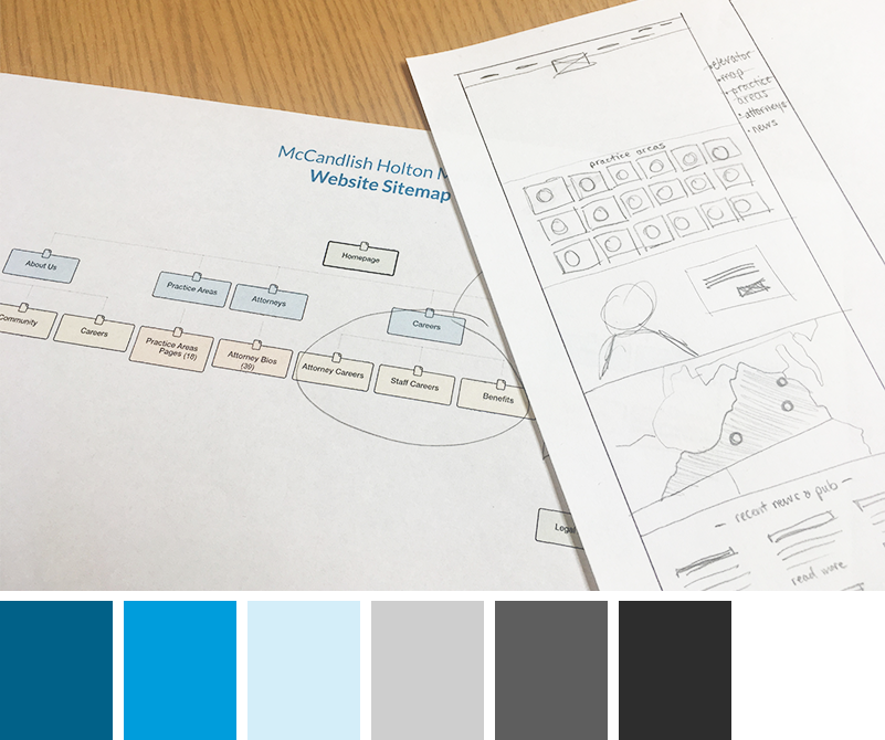 McCandlish Holton website being wireframes with color pallette choices.