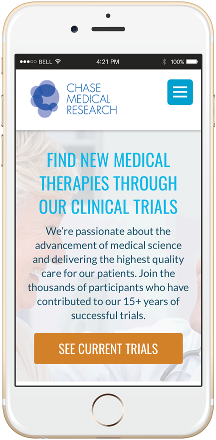 Chase Medical Research website as shown in mobile view on an iPhone