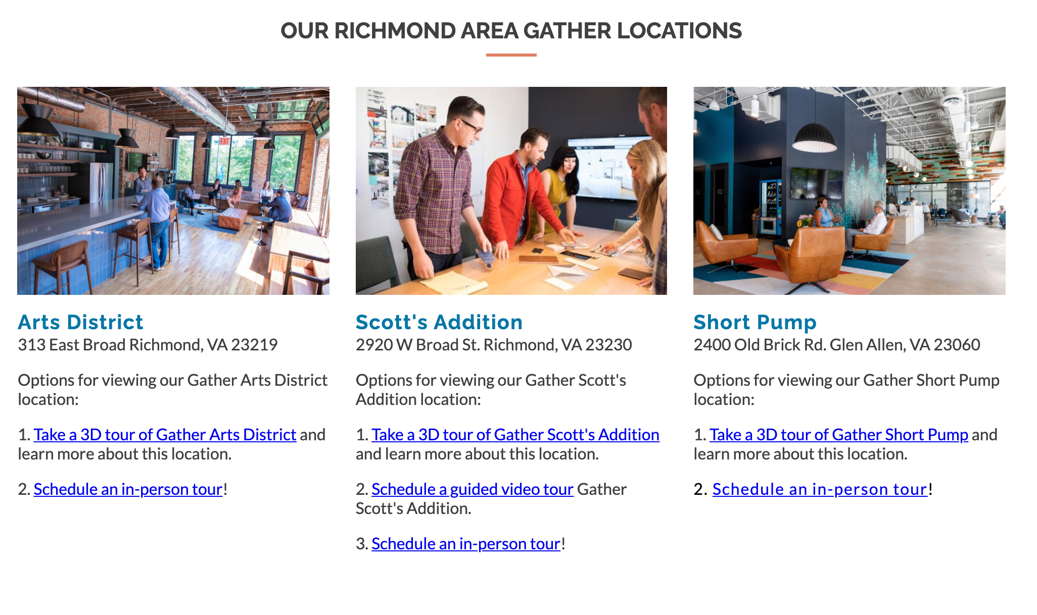 Screenshot of Gather Workspaces website listing Richmond area locations and tour options