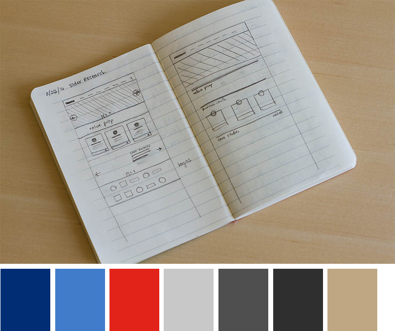 Elder Research wireframe sketches and color palette